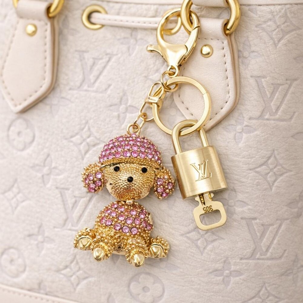 Authentic Louis Vuitton Gold Padlock & Key w/Unbranded Rhinestone Dog Keychain - Picture 1 of 8